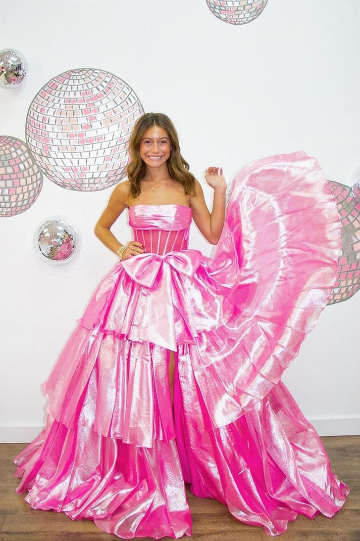 Dreamy Dance: Pink Ball Gown Strapless Organza Ruffled Long Prom Dress with Bow