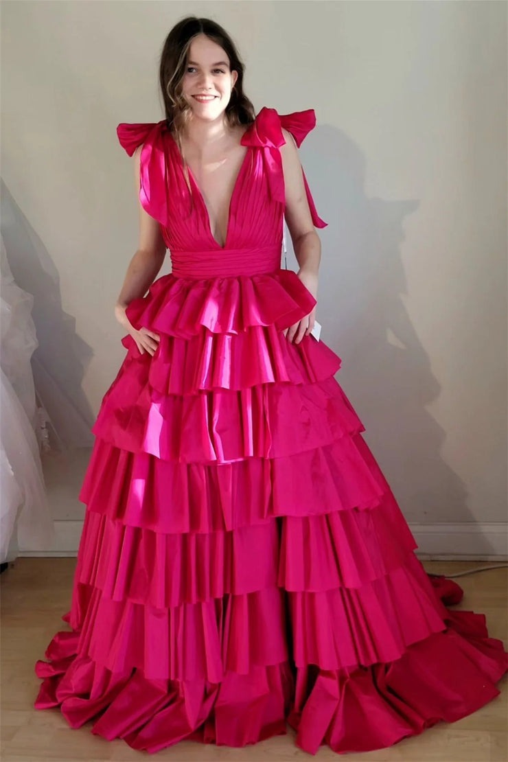 The Allure of Fuchsia Deep V Neck Satin Tiered Long Prom Dresses