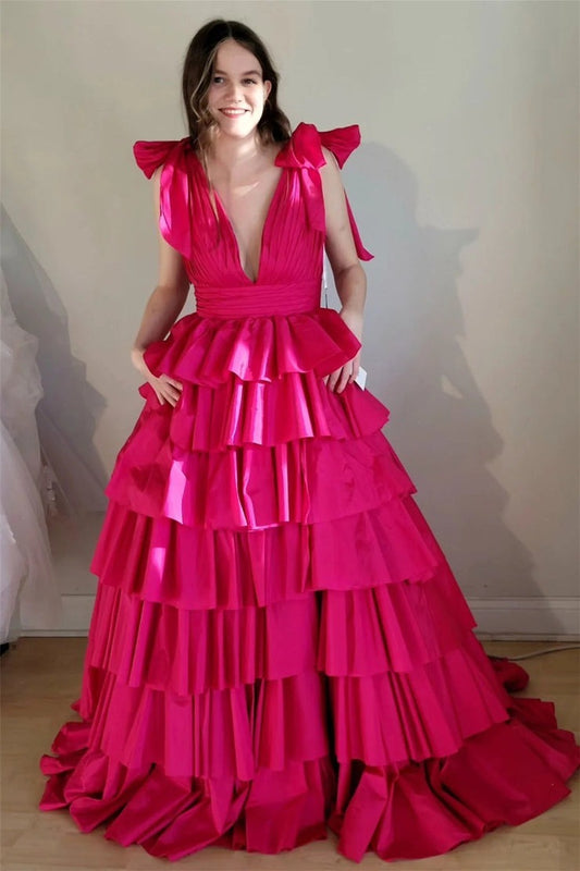 The Allure of Fuchsia Deep V Neck Satin Tiered Long Prom Dresses