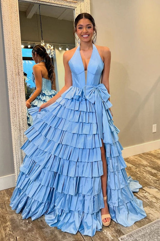 Elegance Personified: Blue A-Line V-Neck Taffeta Satin Prom Dress with Bow and Slit