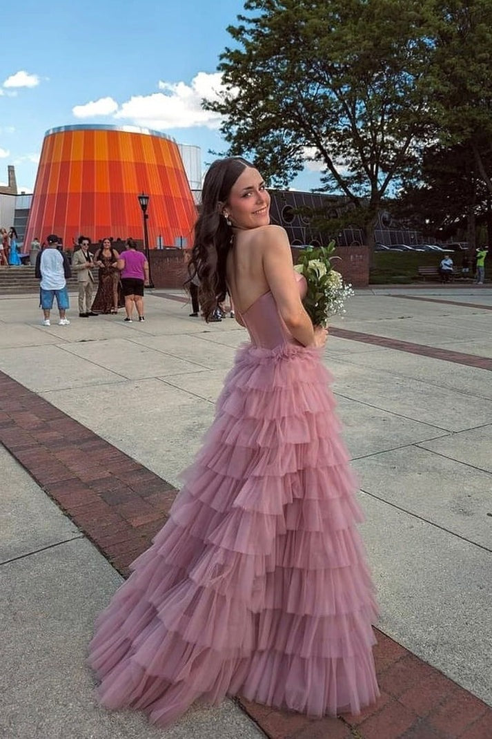 Enchanting in Sweetheart Dusty Pink Tiered Tulle Long Prom Dresses