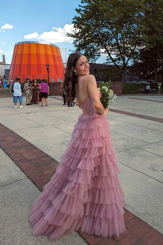 Enchanting in Sweetheart Dusty Pink Tiered Tulle Long Prom Dresses