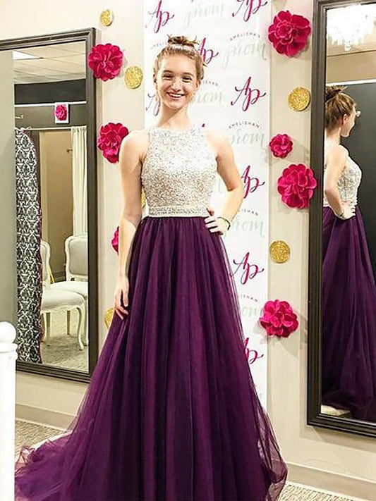 Gorgeous Purple Gown - Jewel Prom Dress Sleeveless with Rhinestone Detailing, Purple Pleated Tulle in Floor Length