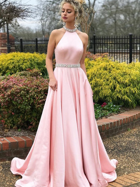 Stepping into Elegance with the Simple Elegant Pleated A-Line Pink Satin Rhinestone Halter Prom Dress