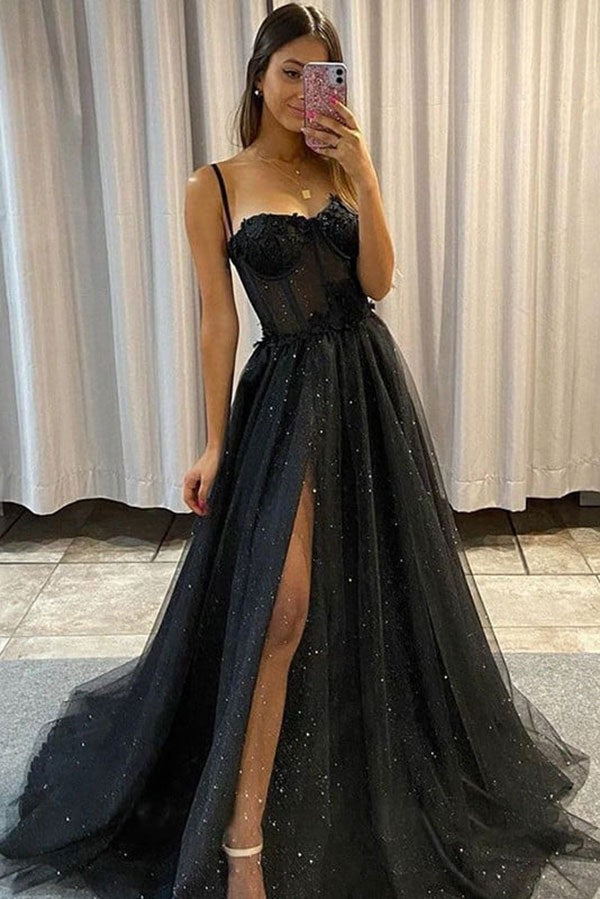 Black Evening Gown with Thigh-High Slit - A Stunning Tulle Prom Dress