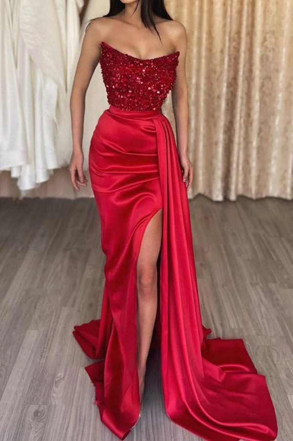 A Stunning Choice: Red Sequined Strapless Prom Dress with High Slit and Corset