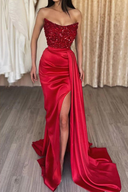 A Stunning Choice: Red Sequined Strapless Prom Dress with High Slit and Corset