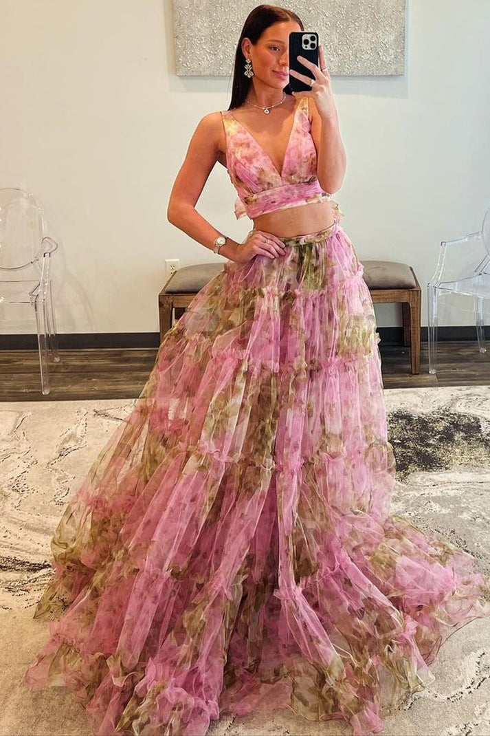 Pink Floral Printed Two Piece V Neck Long Prom Dress: A Dream Come True for Your Special Night