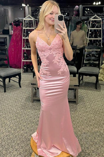 Pink Satin Mermaid V Neck Long Prom Dress with Appliques: A Dream Come True