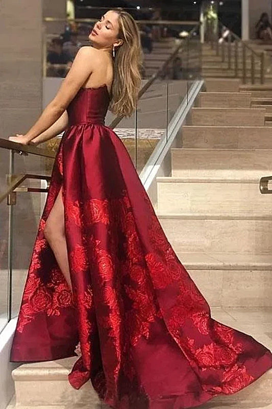 Unique A Line Strapless Burgundy Satin Prom Dress With Appliques