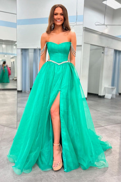 Straps Beaded Green Organza Long Prom Dress, PD25105