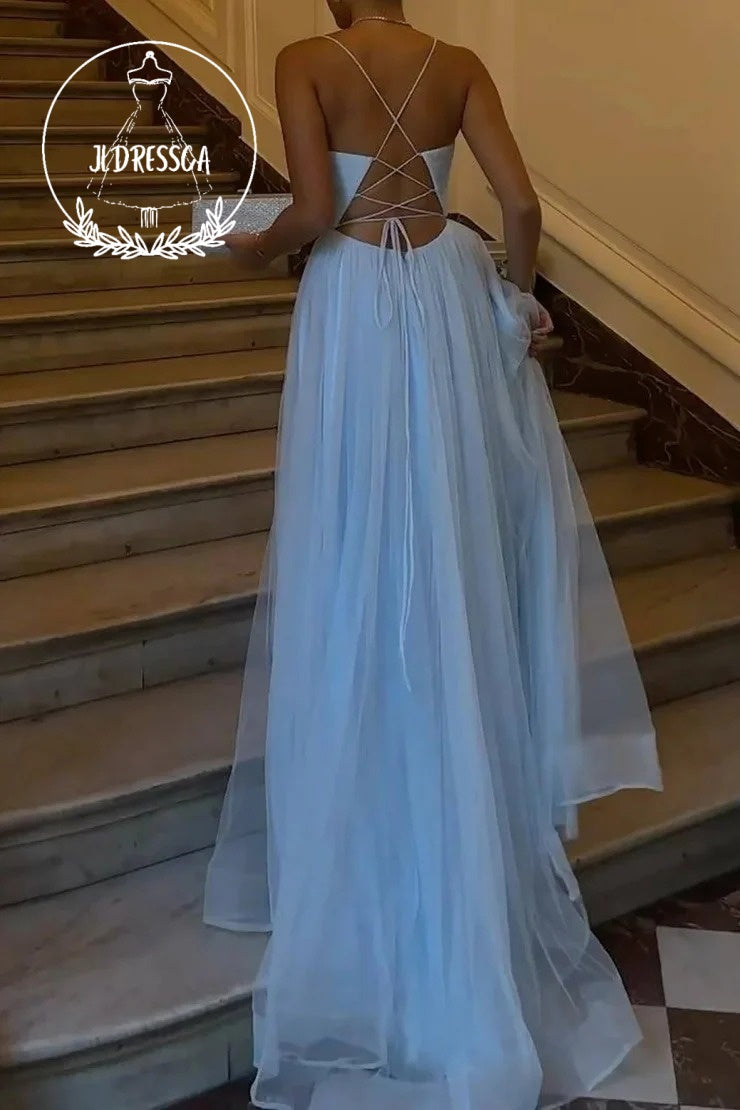 Elegant Long A Line Sky Blue Prom Dress with Spaghetti Straps and Split Front, PD25931
