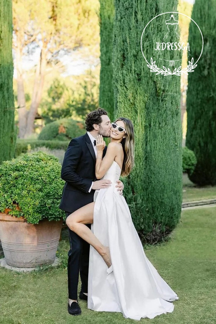 White A-Line Strapless Satin Wedding Dresses, WD25031