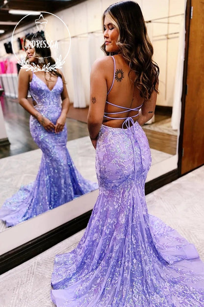 Hot Pink Sequin Lace V-Neck Trumpet Long Prom Dress, PD25961