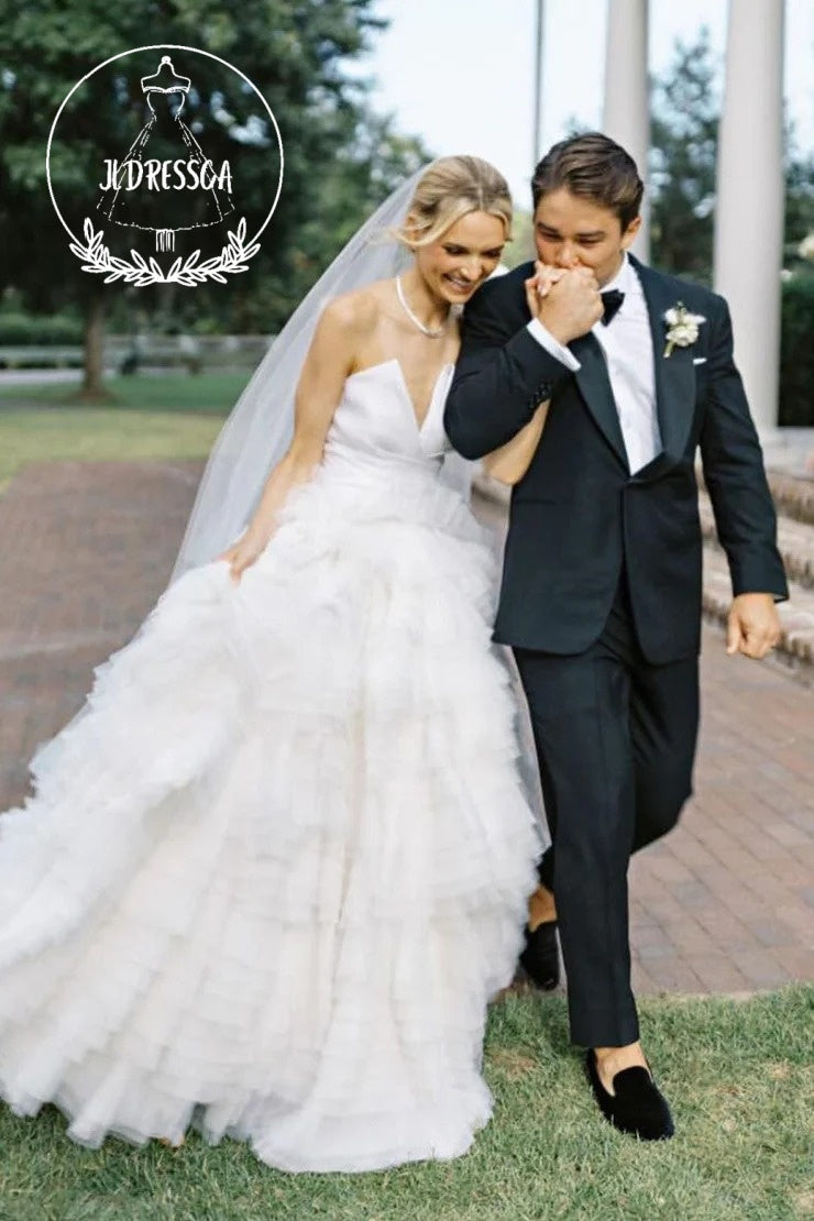 Romantic White Strapless A-Line Tulle Wedding Dresses, WD25021