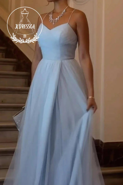 Elegant Long A Line Sky Blue Prom Dress with Spaghetti Straps and Split Front, PD25931