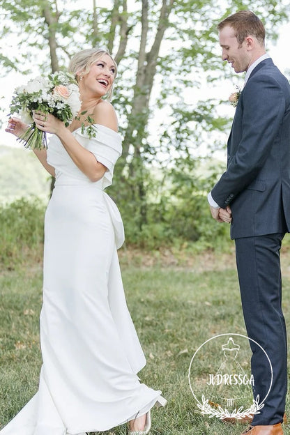 White Long Mermaid Off the Shoulder Satin Wedding Dress with Big Bowknot, WD25010