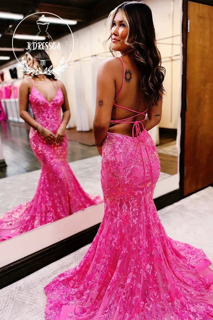 Hot Pink Sequin Lace V-Neck Trumpet Long Prom Dress, PD25961