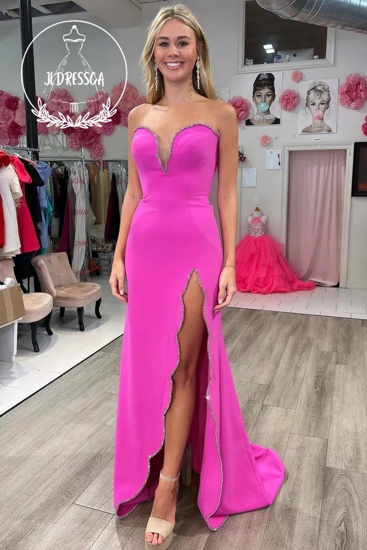 Fuchsia Long Strapless Beaded Mermaid Formal Dress with Slit, PD25951