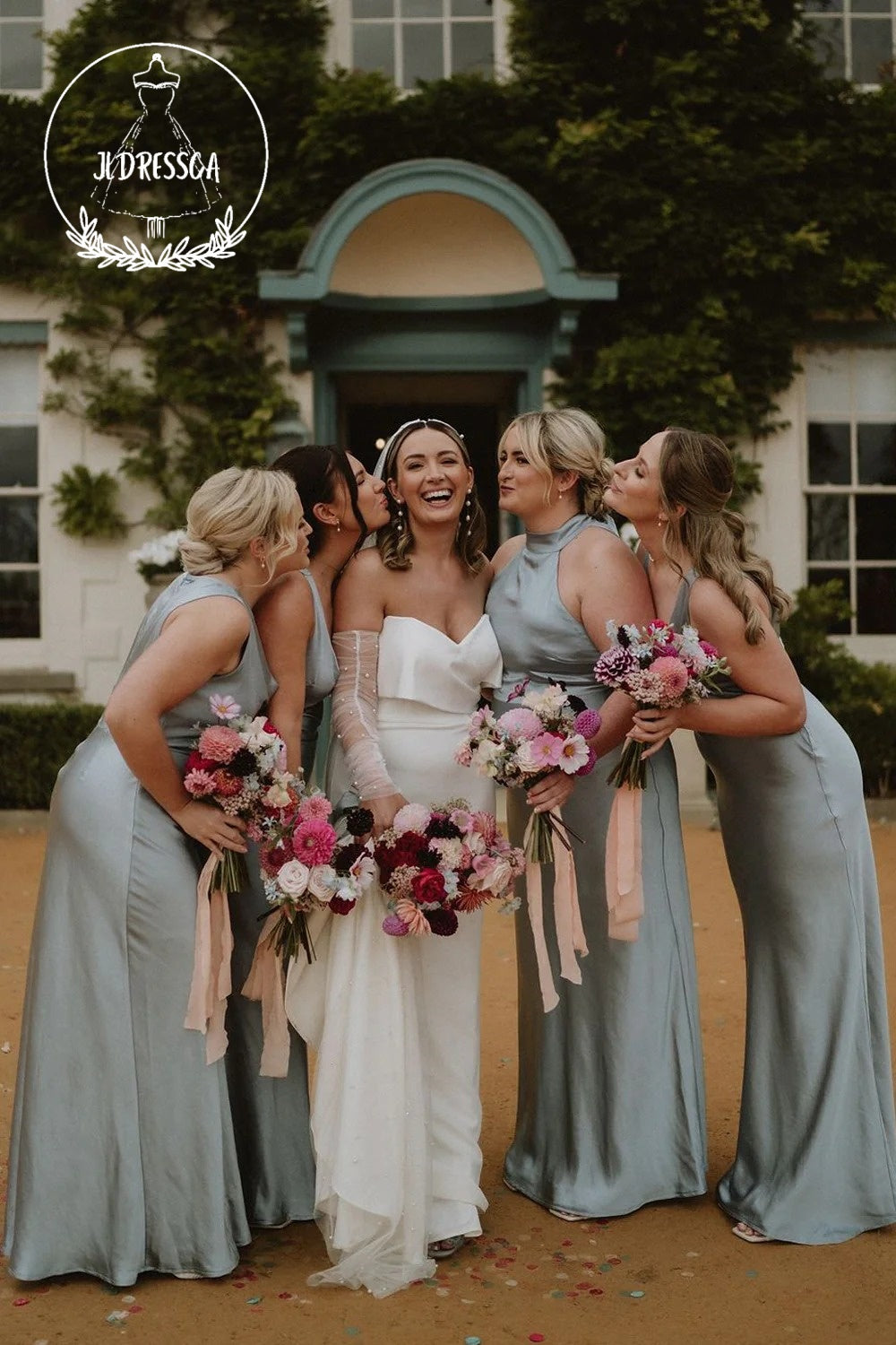 Dusty Grey Blue Sheath Halter Elegant Long Bridesmaid Dresses, BD25051