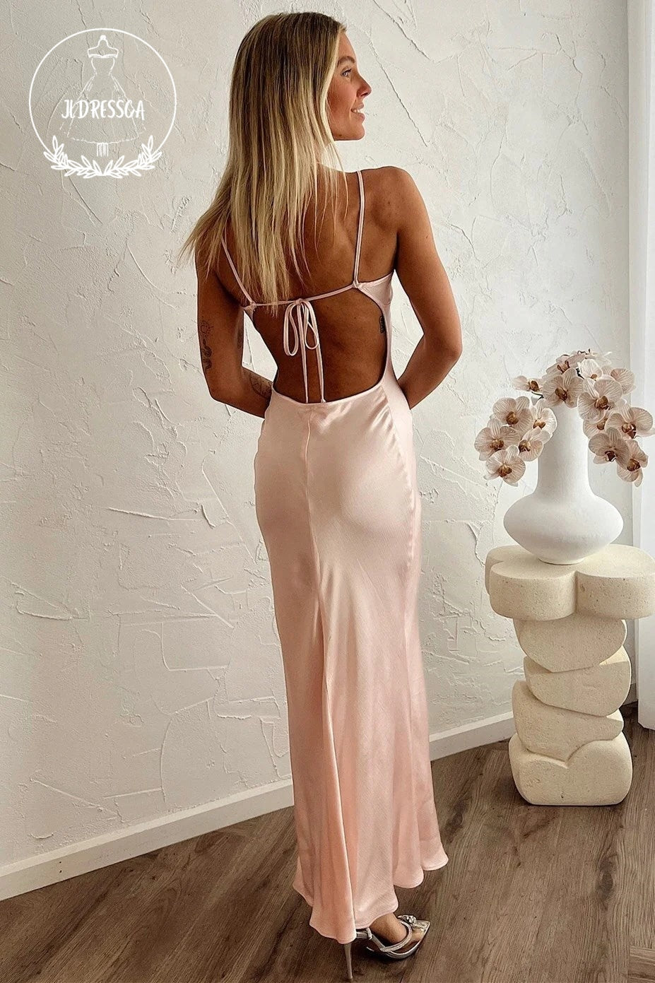 Blush Sheath Keyhole Neck Simple Silk Satin Tie-Back Maxi Dress, BD25042