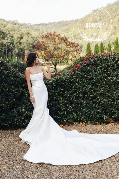 Simple Long White Strapless Mermaid Satin Wedding Dress with Train, WD25012