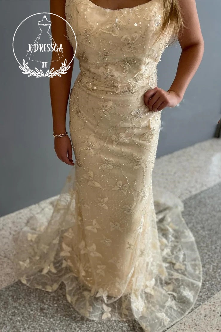 Yellow Long Mermaid Prom Dress with Scoop Neck and Butterfly Appliques, PD25962