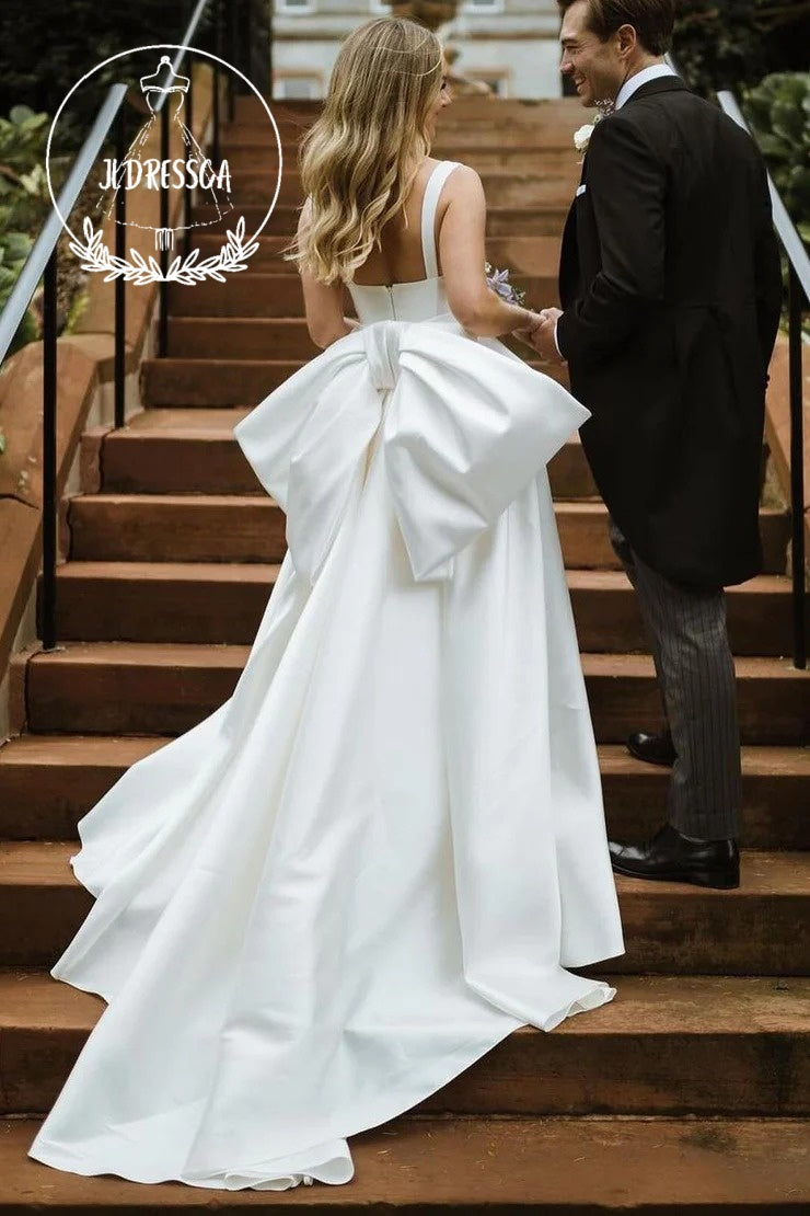 Charming White Satin Wedding Dresses with Scoop Neck and Bow, WD25022
