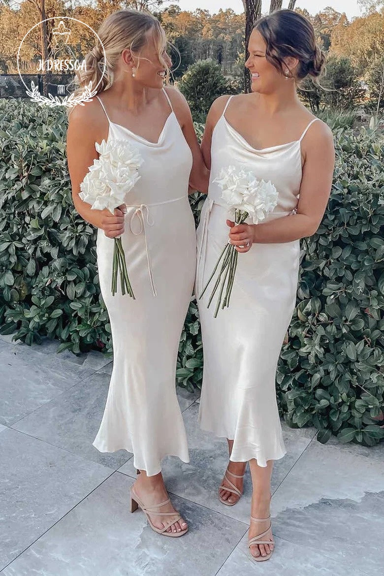 Silk Satin Sheath Cowl Neck Simple Tea Length Bridesmaid Dresses, BD25032