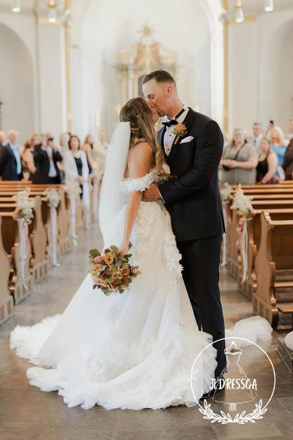Fairy Long Ball Gown Off the Shoulder Tulle Wedding Dresses with Appliques, WD25009