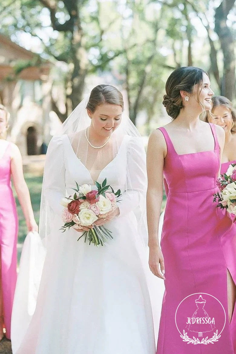 Fuchsia Elegant Sheath Square Neck Satin Bridesmaid Dresses with Bow, BD25022