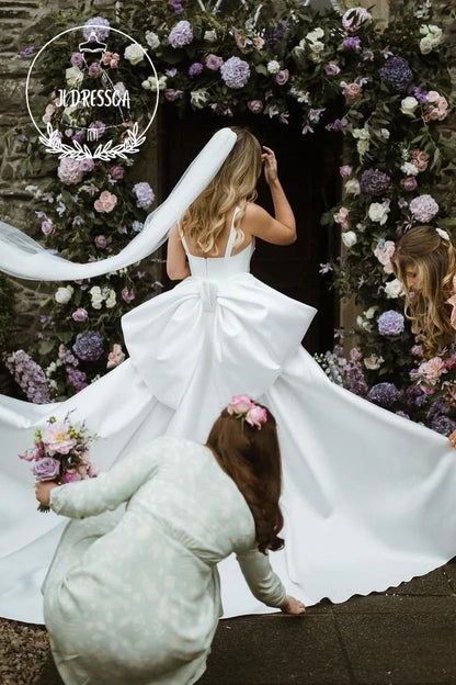 Charming White Satin Wedding Dresses with Scoop Neck and Bow, WD25022