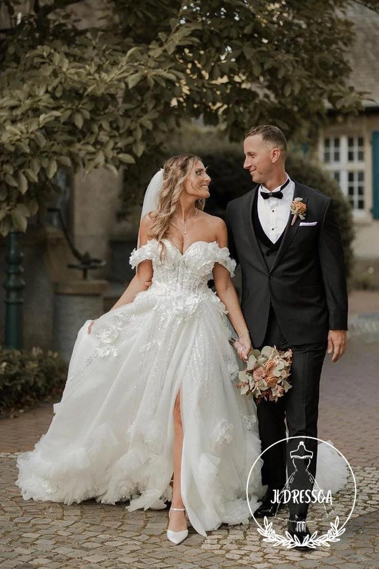 Fairy Long Ball Gown Off the Shoulder Tulle Wedding Dresses with Appliques, WD25009