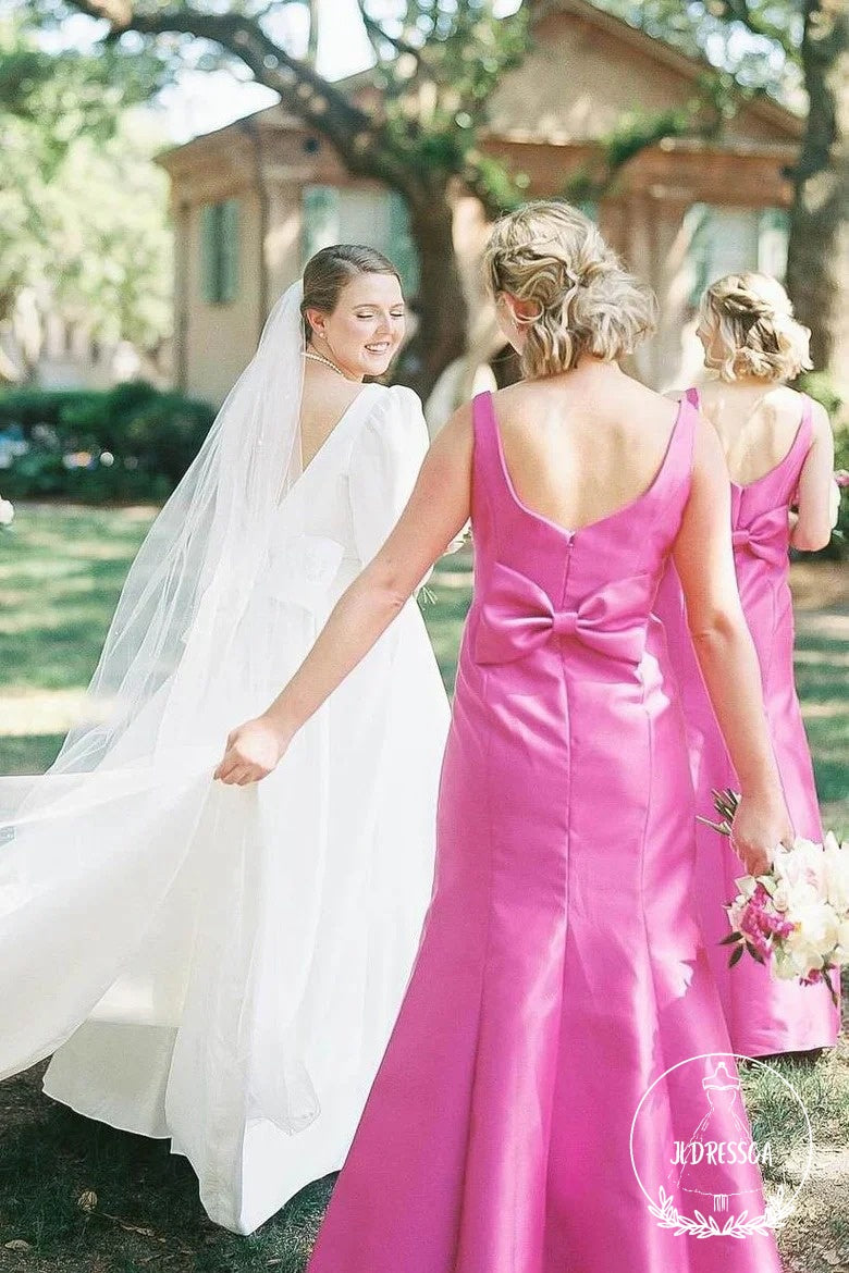 Fuchsia Elegant Sheath Square Neck Satin Bridesmaid Dresses with Bow, BD25022