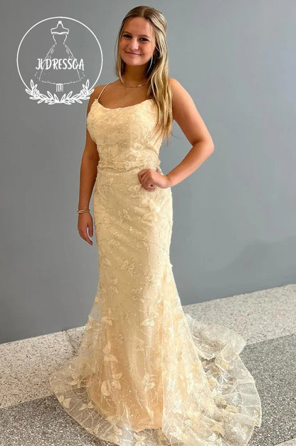 Yellow Long Mermaid Prom Dress with Scoop Neck and Butterfly Appliques, PD25962