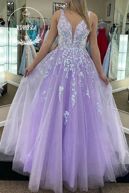 Gorgeous Long A Line Purple Prom Dress with Deep V Neck and Appliques, PD25932