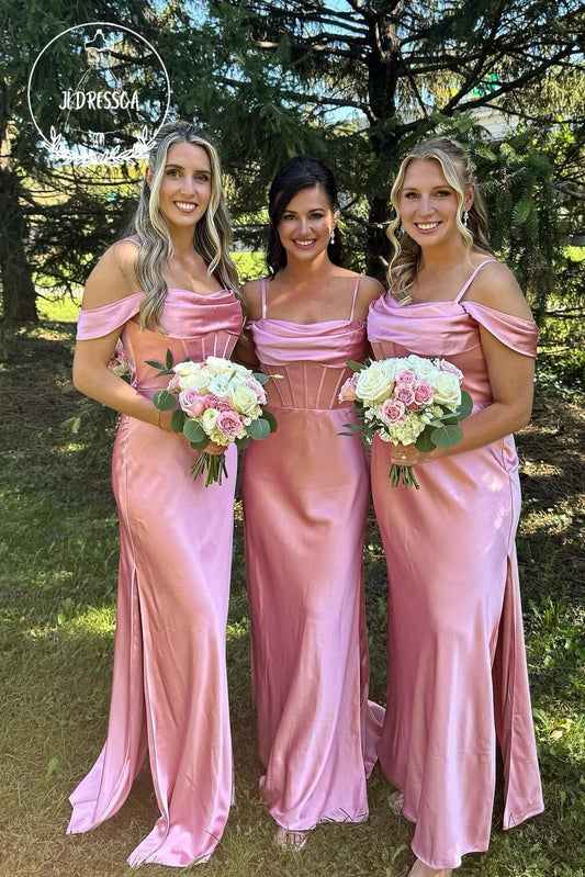 Blush Pink Sheath Straps Charming Silk Satin Bridesmaid Dress, BD25013