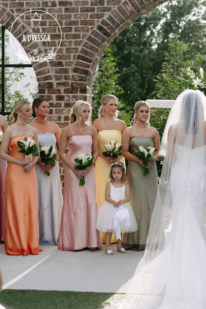 Colorful Sheath Strapless Romantic Silk Satin Long Bridesmaid Dresses, BD25053