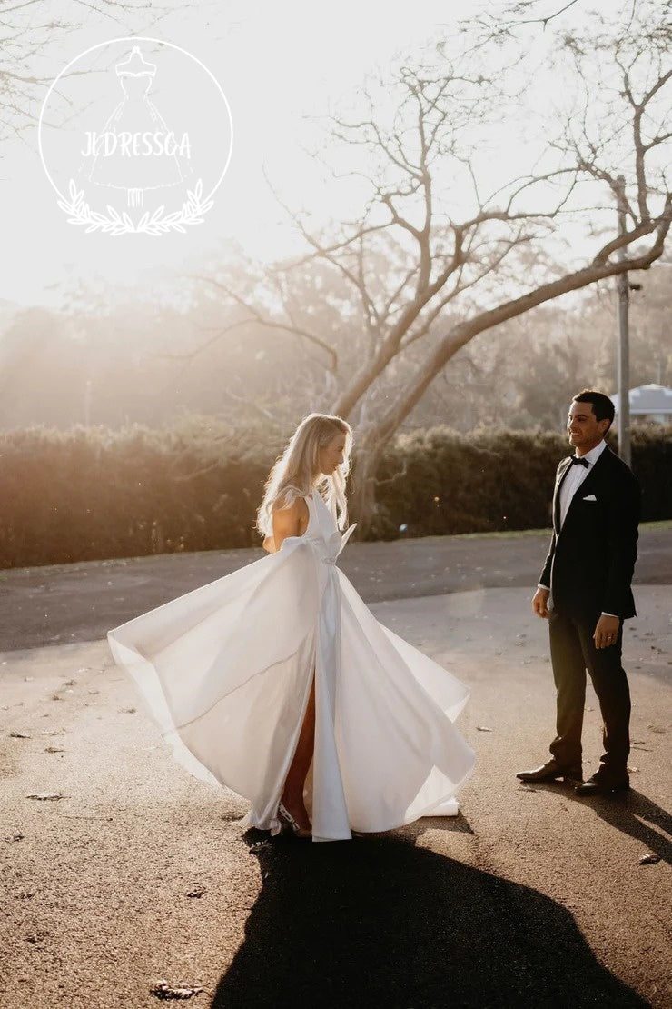 Elegant Long A - Line Satin Wedding Dresses with V Neck and Bow, WD25013
