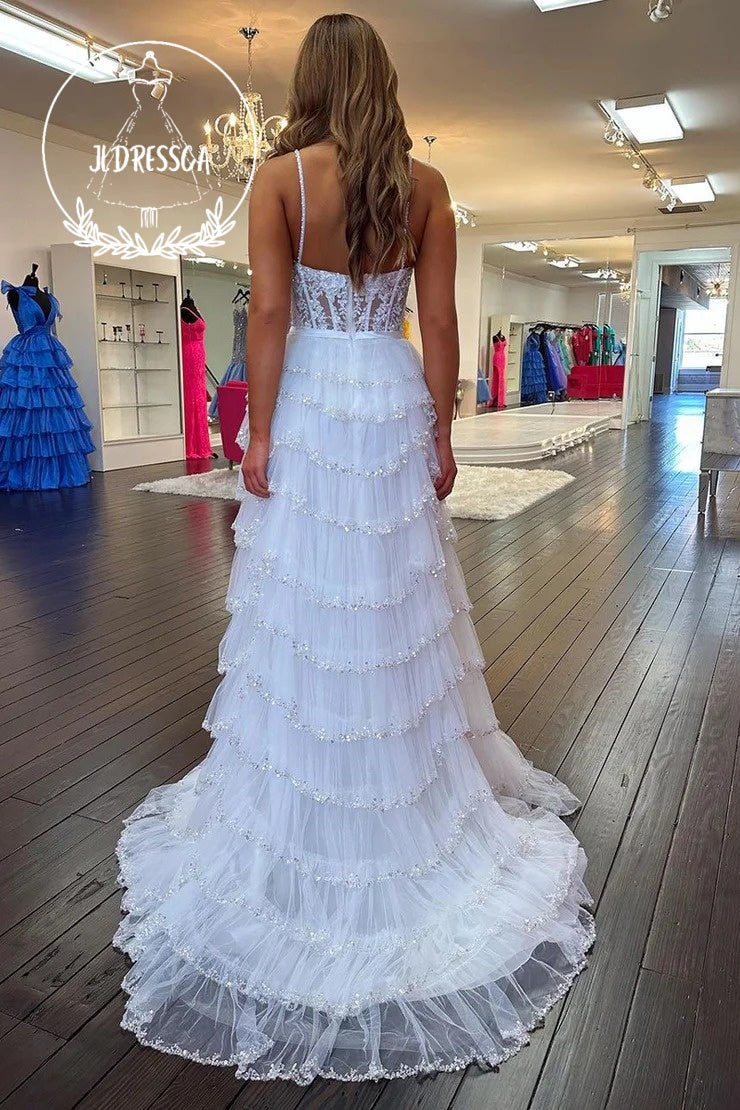 White Long Tiered Tulle Prom Dresses with Sweetheart Neckline and Appliques, PD25943