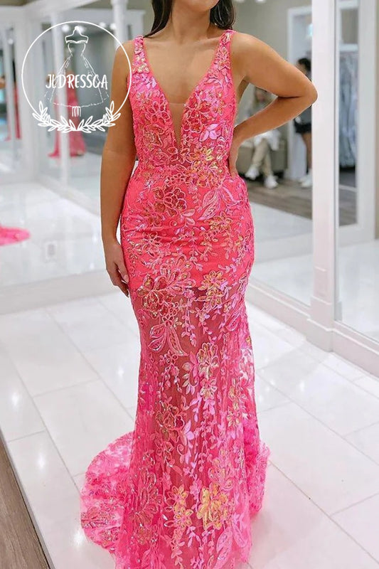Chic Long Mermaid Fuchsia Tulle Prom Dress with Deep V Neck and Open Back, PD25933