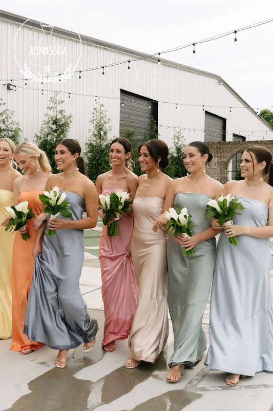 Colorful Sheath Strapless Romantic Silk Satin Long Bridesmaid Dresses, BD25053