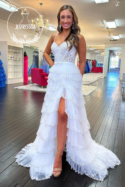 White Long Tiered Tulle Prom Dresses with Sweetheart Neckline and Appliques, PD25943