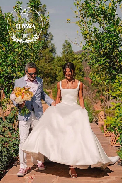 Elegant Square Neck White Satin Wedding Dress with Bow, WD25023