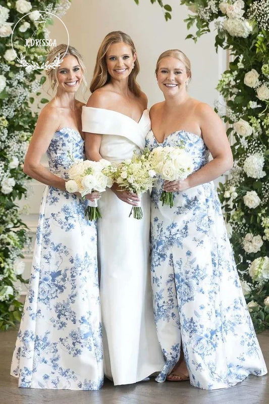 Floral Strapless Sheath Printed Satin Long Bridesmaid Dresses, BD25023