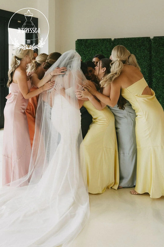 Colorful Sheath Strapless Romantic Silk Satin Long Bridesmaid Dresses, BD25053