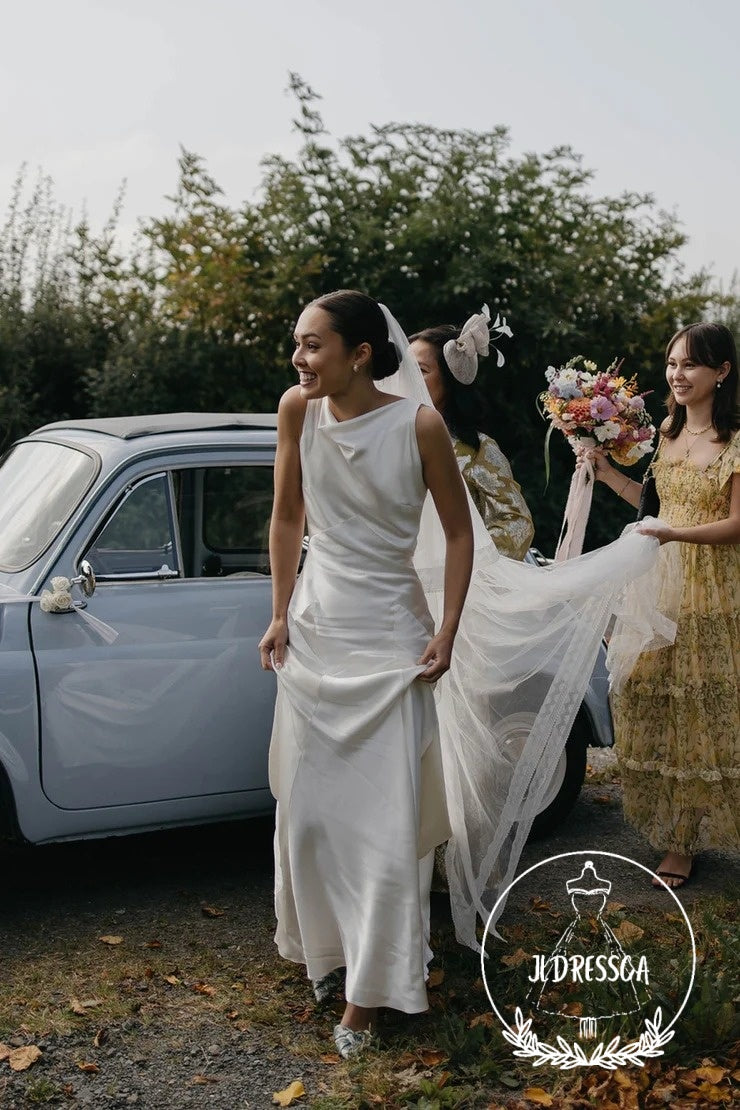 Romantic Long Sheath Silk Satin Wedding Dresses with Boat Neck, WD25008