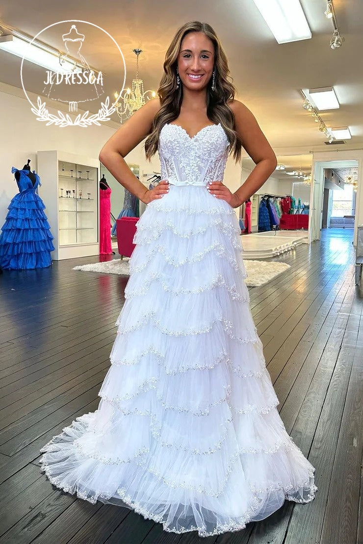 White Long Tiered Tulle Prom Dresses with Sweetheart Neckline and Appliques, PD25943