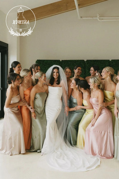 Colorful Sheath Strapless Romantic Silk Satin Long Bridesmaid Dresses, BD25053