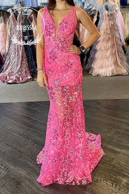 Chic Long Mermaid Fuchsia Tulle Prom Dress with Deep V Neck and Open Back, PD25933